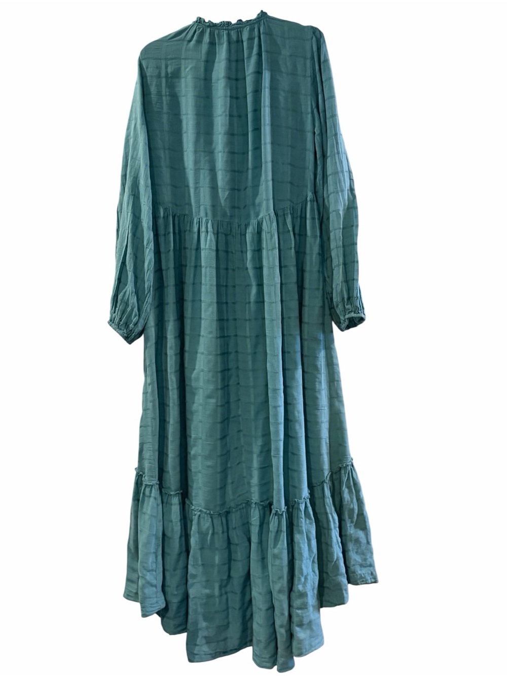 Free People Edie Maxi Dress M Turquoise Teal Plaid Tiered Button Front Duster - Picture 2 of 12